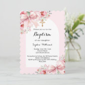 弓ピンクの花模様アーチ金ゴールドクロススクリプトバプテスマ 招待状 (スタンド正面)