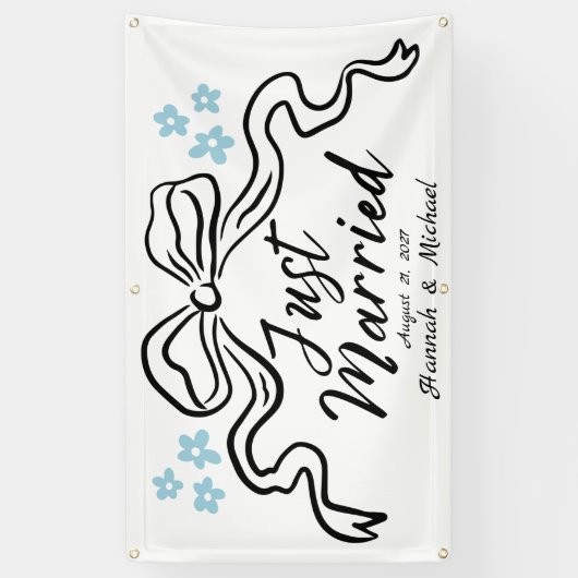 弓モダンと花たった今結婚しましたカーバナー 横断幕 (縦)