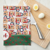 弓モノグラムクリスマスドッグ付きゴールデンレトリバー キッチンタオル (四つ折り)