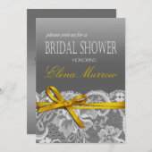 弓リボン及びレースのブライダルシャワーの灰色の黄色 招待状 (正面/裏面)