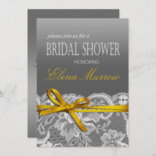 弓リボン及びレースのブライダルシャワーの灰色の黄色 招待状 (正面/裏面)