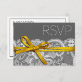 弓リボン及びレースRSVPの灰色の黄色 出欠カード (正面/裏面)