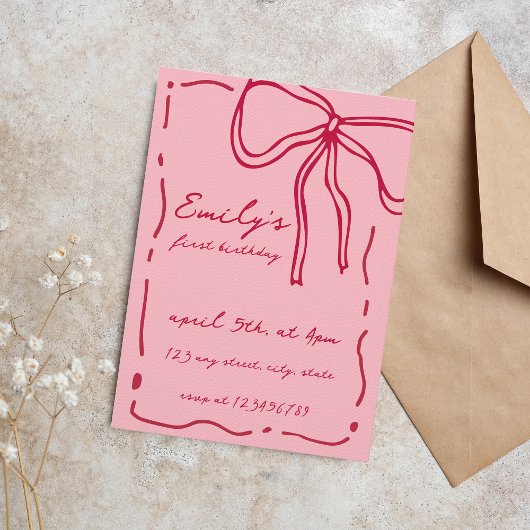 弓予測できな手引き赤お洒落ピンク誕生日 招待状