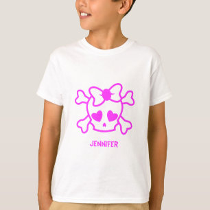 弓名前の女の子のワイシャツが付いているピンクのガーリーなemoのスカル tシャツ