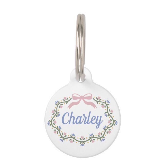 弓、ハート、花のつる植物 ペット　ネームタグ (正面)