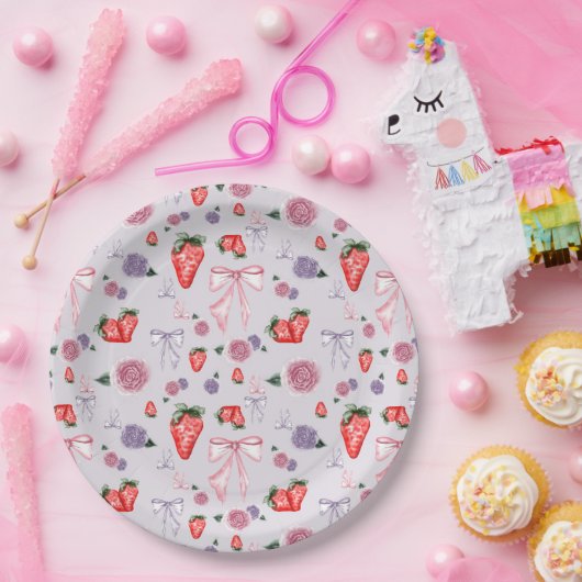 弓、バラ、イチゴのコケットパターン ペーパープレート (パーティー)