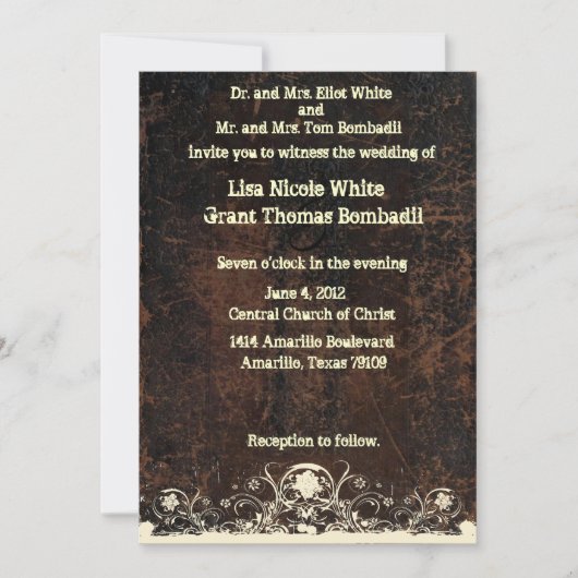 引きずられたレザールックの、ぼろぼろのレースの結婚式 招待状 (正面)