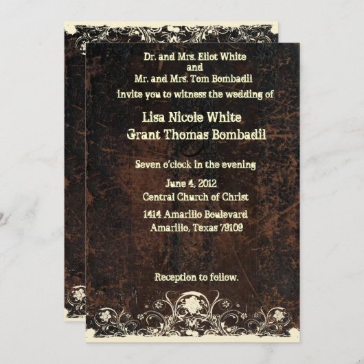 引きずられたレザールックの、ぼろぼろのレースの結婚式 招待状 (正面/裏面)