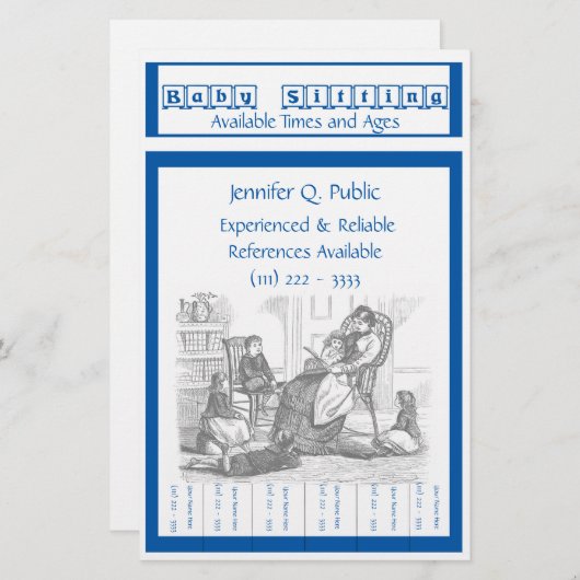 引きタブが付いているベビーシッターのフライヤ 便箋 (正面/裏面)