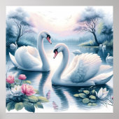 引き伸ばしキャンバス印刷 – 《植物》スイレン池の白鳥 ポスター (正面)