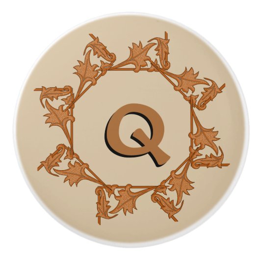 引き出し引き葉出し-イニシャル付き円内の(v.3) セラミックノブ (正面)