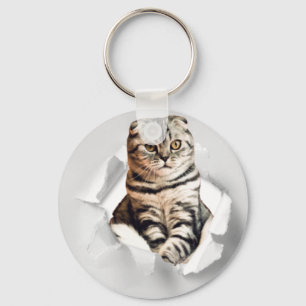 引き裂おもしろいかれた紙幻想を通して灰色の猫が飛び出す キーホルダー