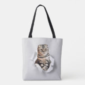 引き裂おもしろいかれた紙幻想を通して灰色の猫が飛び出す トートバッグ (裏面)