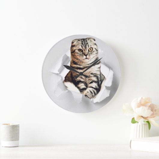 引き裂おもしろいかれた紙幻想を通して灰色の猫が飛び出す ラージ壁時計 (ホーム)