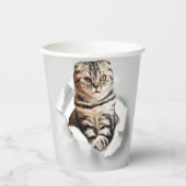 引き裂おもしろいかれた紙幻想を通して灰色の猫が飛び出す 紙コップ (正面)