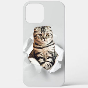 引き裂おもしろいかれた紙幻想を通して灰色の猫が飛び出す iPhone 12 PRO MAX ケース