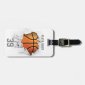 引き裂かれたバスケットボール(白い名前入り) ラゲッジタグ (正面横)