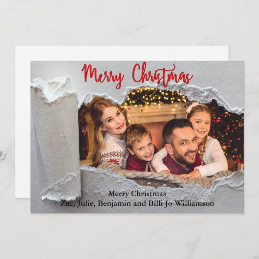 引き裂かれたメリークリスマスファミリーの写真 シーズンカード (正面/裏面)