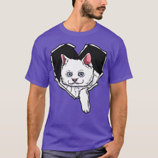 引き裂かれた布猫顔引き裂かれた穴ハート猫顔 Tシャツ