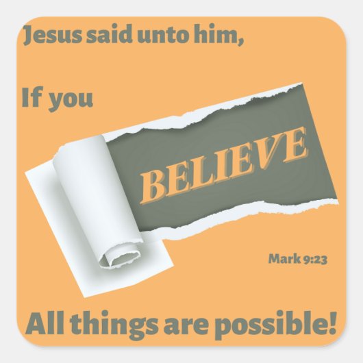 引き裂かれた紙が「信じ」スクエアステッカーを明らかにする スクエアシール (正面)