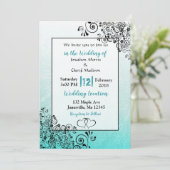 引っかき傷のあるターコイズとブラックのスクリプト結婚式招待状 招待状 (スタンド正面)