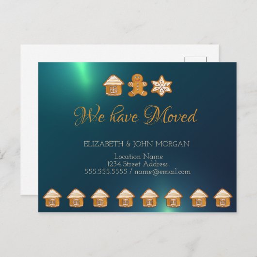 引っ越した、ジンジャーブレッド・ハウス、マン、スター、グリーン 案内ポストカード (正面/裏面)