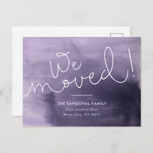 引っ越した！紫色の手書きアドレス 案内ポストカード (正面/裏面)