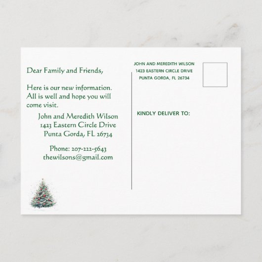 引っ越しましたおもしろいキャットツリークリスマス 案内ポストカード (裏面)