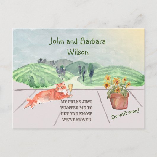 引っ越しましたおもしろいファミリーの猫祝の移動 案内ポストカード (正面)