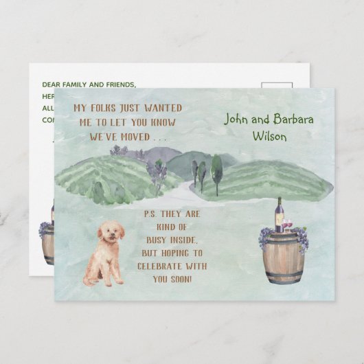 引っ越しましたおもしろいファミリー犬が引っ越しを発表 案内ポストカード (正面/裏面)