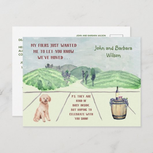 引っ越しましたおもしろいファミリー犬が引っ越しを発表 案内ポストカード (正面/裏面)