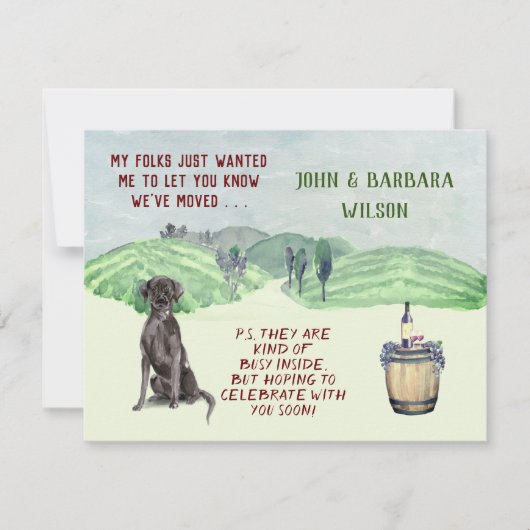 引っ越しましたおもしろいファミリー犬の予算の移動 案内状 (正面)