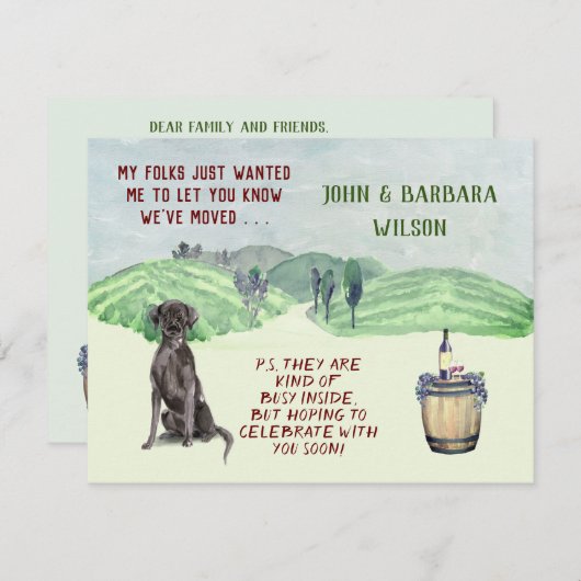 引っ越しましたおもしろいファミリー犬の予算の移動 案内状 (正面/裏面)