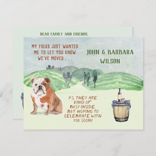 引っ越しましたおもしろい家族犬の予算の引越しアナウンス 案内状 (正面/裏面)