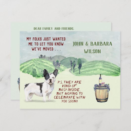 引っ越しましたおもしろい家族犬の予算の引越しアナウンス 案内状 (正面/裏面)