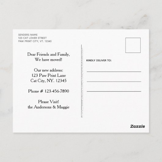 引っ越しましたおもしろい新しいアドレス猫ペット移動 ポストカード (裏面)