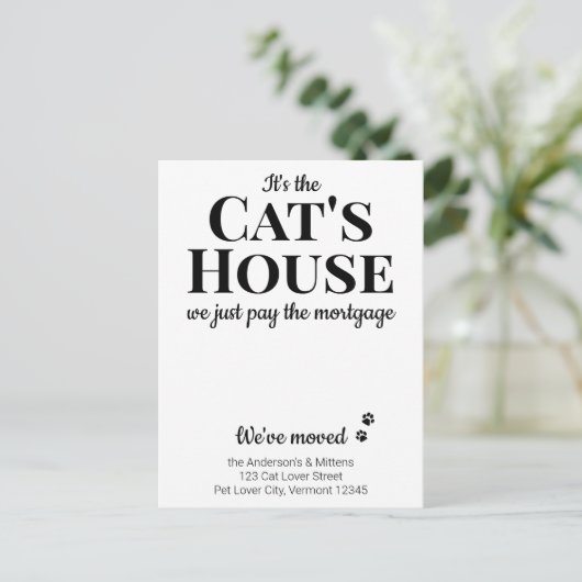 引っ越しましたおもしろい新しいアドレス猫ペット移動 案内ポストカード (スタンド正面)