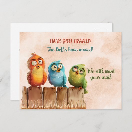引っ越しましたおもしろい鳥のフェンス ポストカード (正面/裏面)