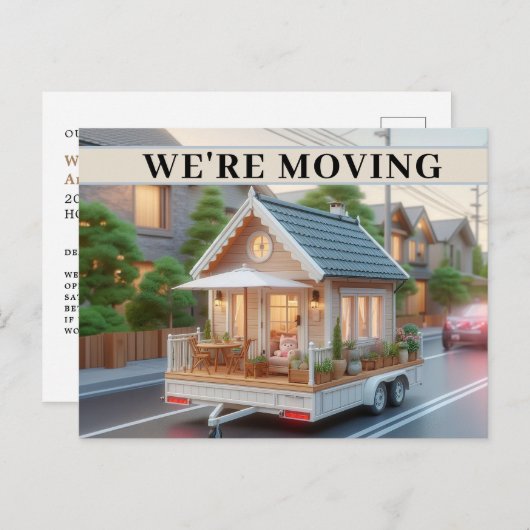 引っ越しましたお洒落コテージオンホイールオープンハウス インビテーションポストカード (正面/裏面)