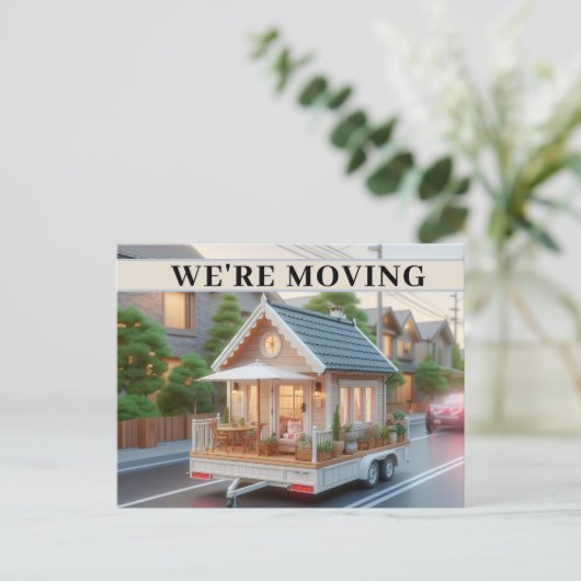 引っ越しましたお洒落コテージオンホイールオープンハウス インビテーションポストカード (スタンド正面)