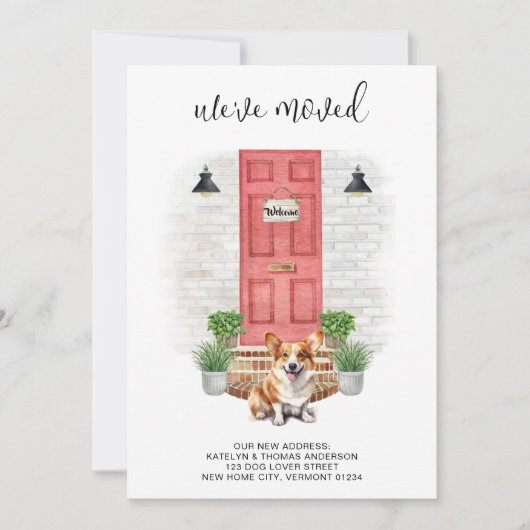 引っ越しましたかわいいコーギレッドドアドッグムービング 案内状 (正面)