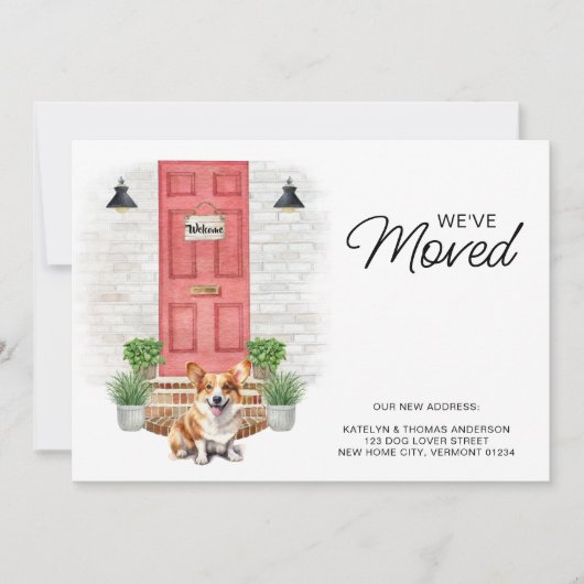 引っ越しましたかわいいコーギレッドドアドッグムービング 案内状 (正面)