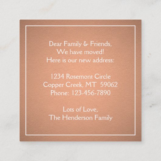 引っ越しましたのフェイクな銅ホイルのモダンなエンクロージャカード スクエア名刺 (裏面)