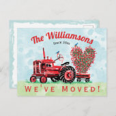 引っ越しましたのヴィンテージの赤いトラクターのハート 案内ポストカード (正面/裏面)
