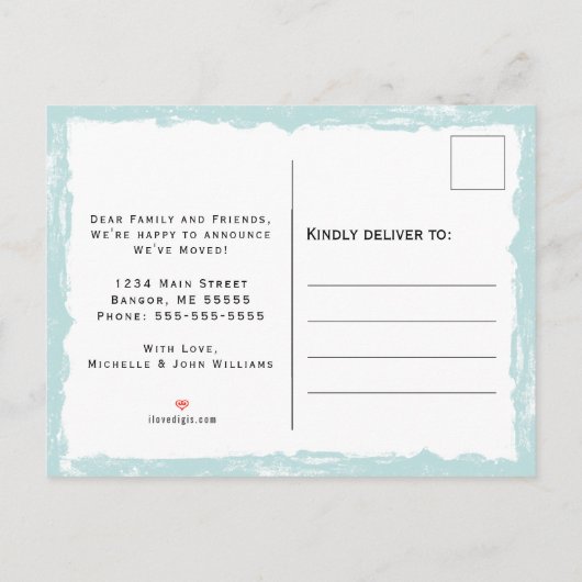 引っ越しましたのヴィンテージの赤いトラクターのハート 案内ポストカード (裏面)