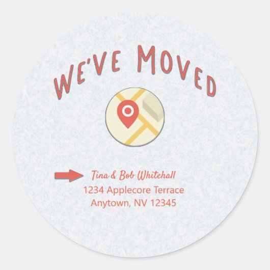 引っ越しましたの場所のピンアイコンのコンピュータマップ ラウンドシール (正面)