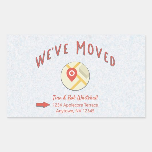 引っ越しましたの場所のピンアイコンのコンピュータマップ 長方形シール (正面)