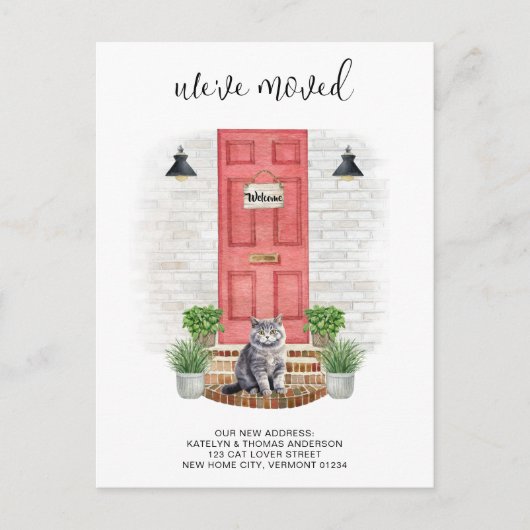 引っ越しましたの新しいアドレスのフロントレッドドア猫の移動 案内ポストカード (正面)