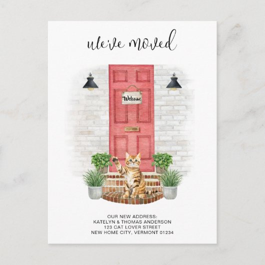 引っ越しましたの新しいアドレスのフロントレッドドア猫の移動 案内ポストカード (正面)