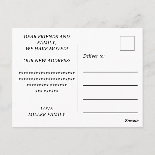 引っ越しましたの新しいアドレスの移動アナウンスB&W ポストカード (裏面)